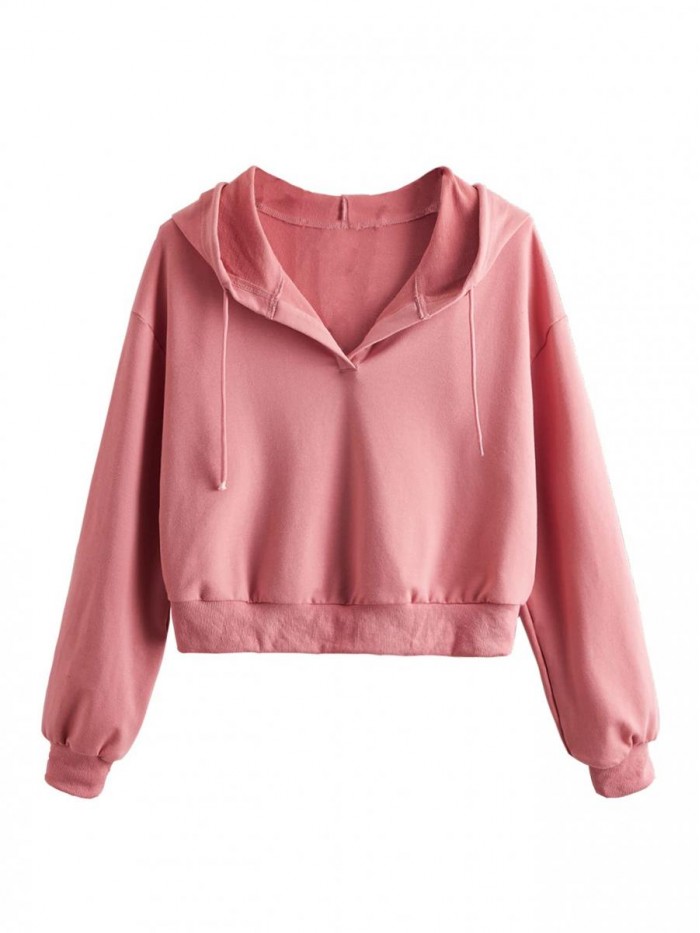 Women's Long Sleeve Drop Shoulder Drawstring Crop Hoodie Sweatshirt 