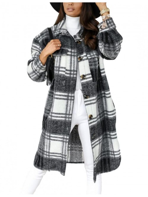 Womens Casual Lapel Button Down Long Plaid Jacket ...