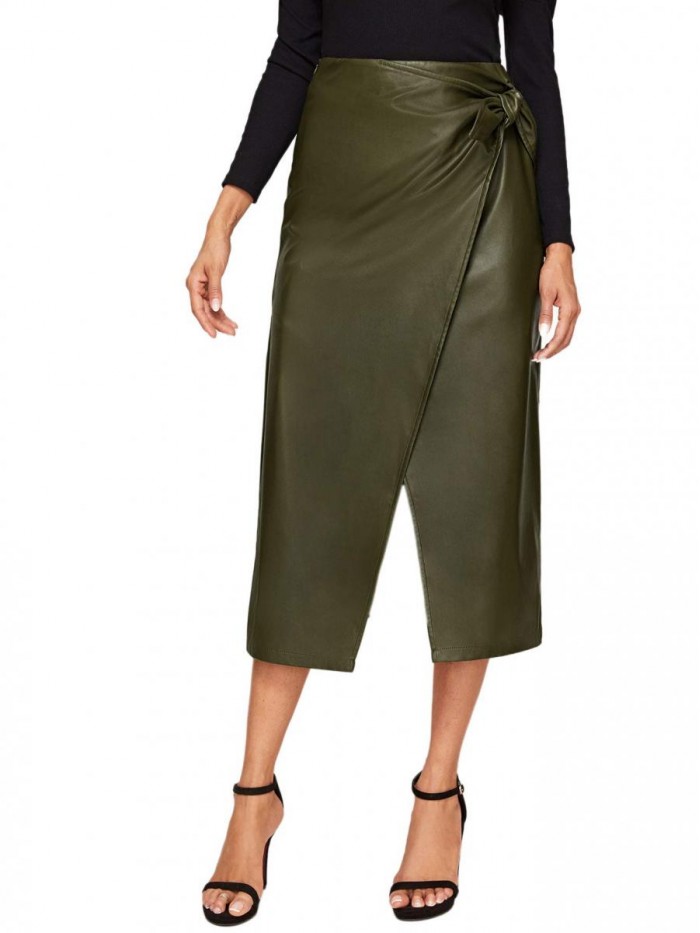 Women's Elegant High Waist Knot Side Wrap PU Leather Midi Skirt 