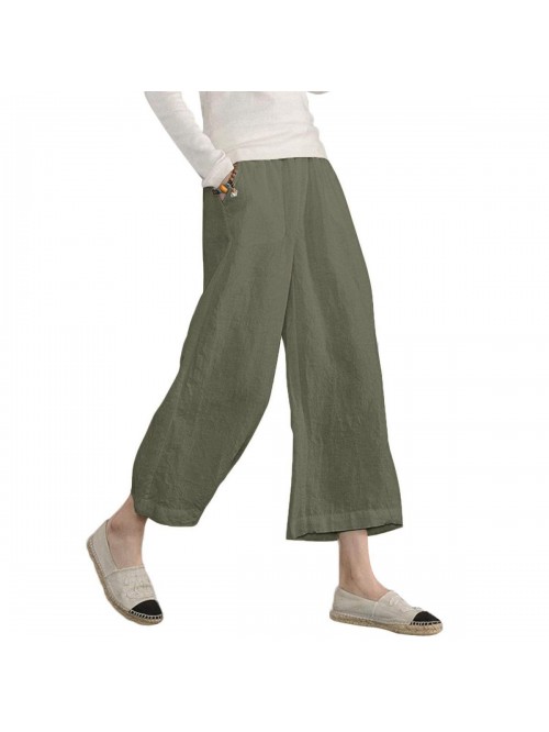 Womens Casual Loose Elastic Waist Cotton Trouser C...