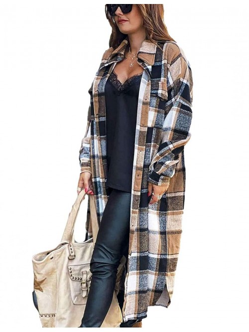 Women's Lounge Lapel Button Up Long Sleeve Plaid L...