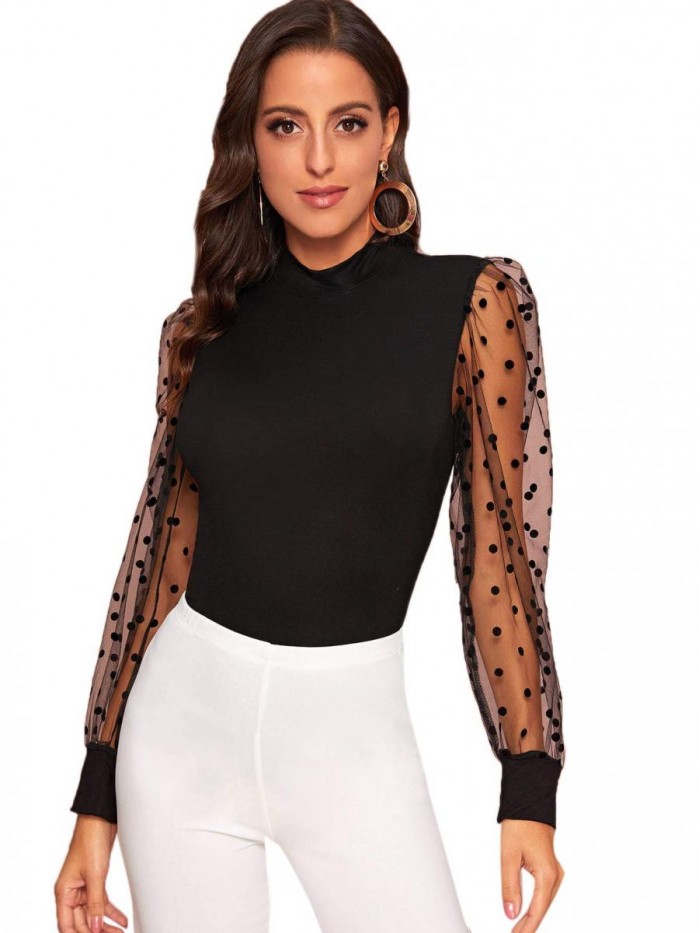 HUX Women's Sheer Mesh Long Sleeve Slim Fit Top Blouse 