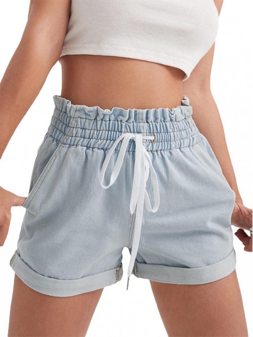 Women's Elastic High Waisted Denim Shorts Rolled H...