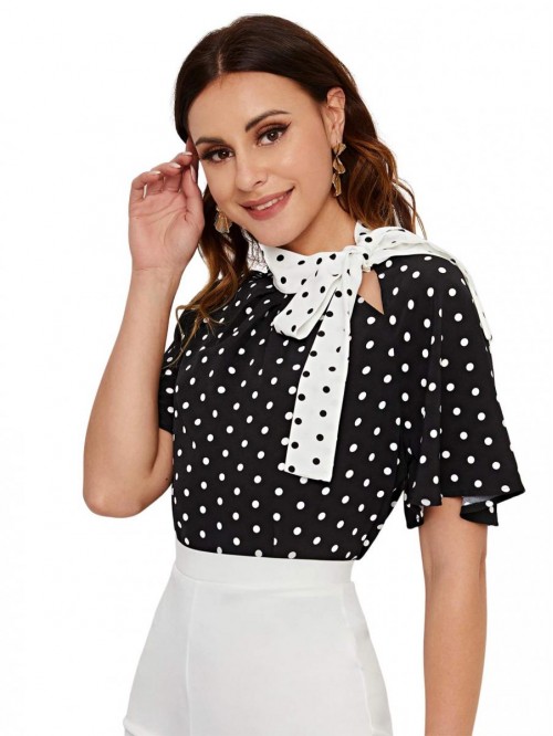 Women's Casual Side Bow Tie Neck Short Sleeve Blou...