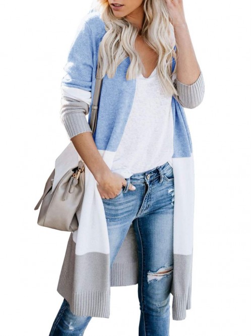 Womens Boho Open Front Cardigan Colorblock Long Sl...