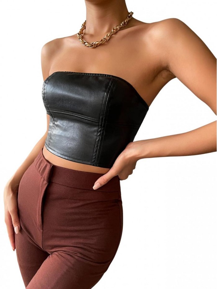 Women's Faux Leather Strapless Crop Tube Tops PU Leather Bandeau Vest 