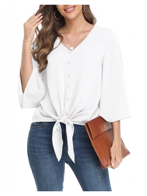 Women's Button V Neck Chiffon Tops 3/4 Bell Sleeve...