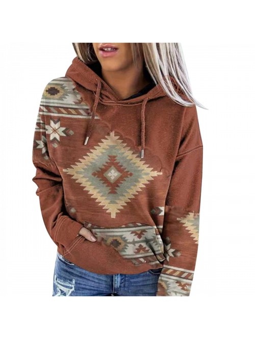 Aztec Hoodie Geometric Print Long Sleeve Western E...