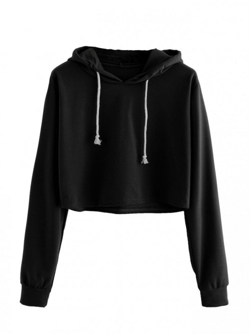 Women's Drawstring Cropped Hoodies Casual Plain Wo...