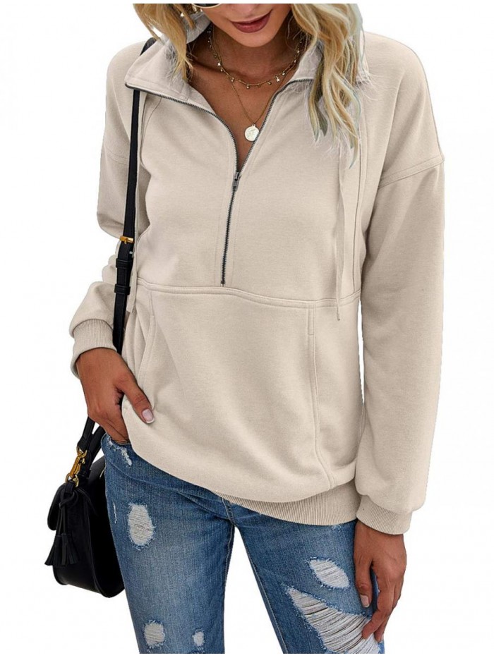 Women’s Casual Long Sleeve Lapel Zipper Sweatshirt Drawstring Loose Pullover Tops 