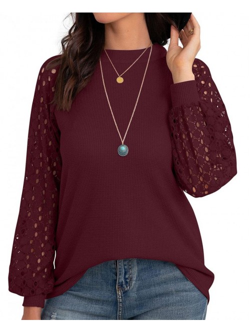 Women's Waffle Knit Blouse Ballon Long Sleeve Lace...