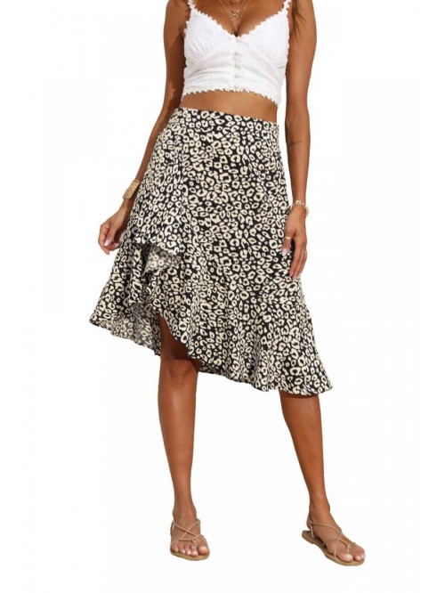 Women's Chiffon Leopard Print High Waist Ruffle Pl...