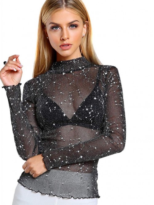 Women's Star Mesh See Through Mock Neck Long Sleev...