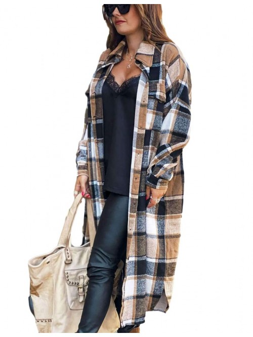 Women's Casual Plaid Lapel Woolen Button Up Pocket...