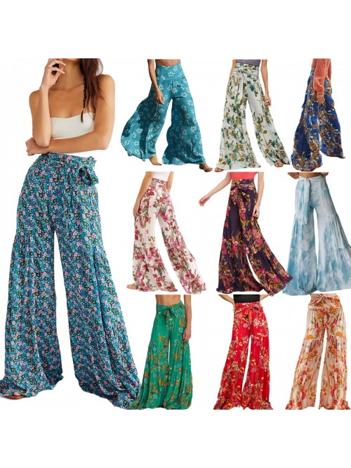 Women Boho Pants Smocked Waist Hippie Palazzo Summ...