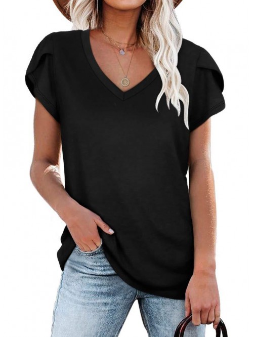 Womens Tops V Neck Summer Petal Sleeve Casual Tshi...