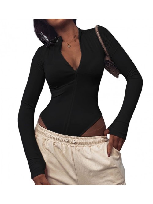 Women's Sexy Long Sleeve Front Zip V Neck Bodycon ...