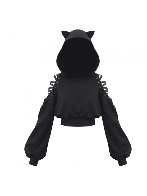 Hoodies Long Sleeve Cute Ear Cat Off Shoulder Crop...