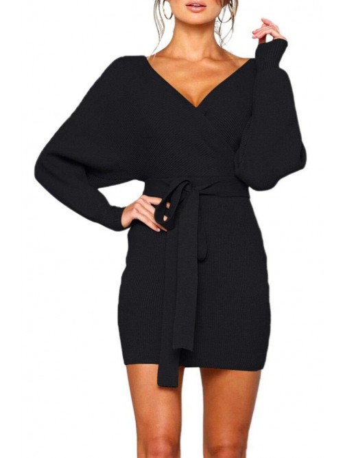 Women's Sweater Dress Sexy V Neck Long Sleeve Back...