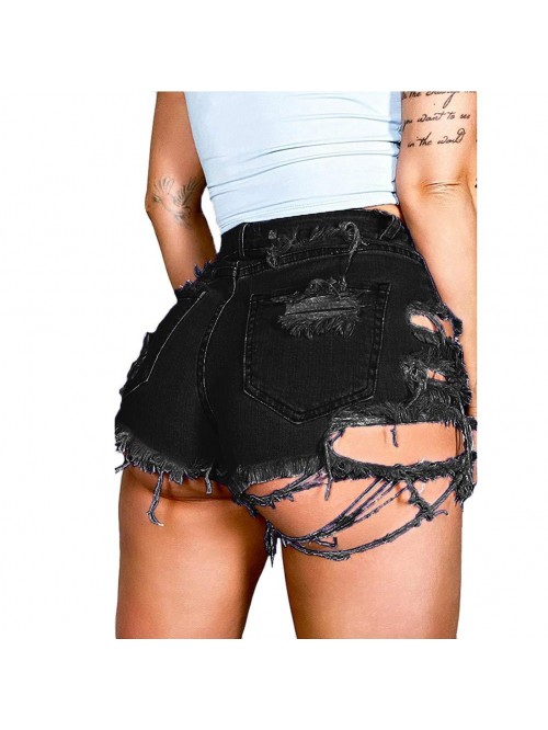 Women Summer Irregular Waist Jean Shorts with Pock...