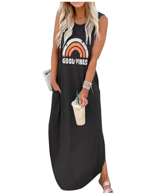 Vibes Rainbow Pocket Sleeveless Maxi Dress for Wom...