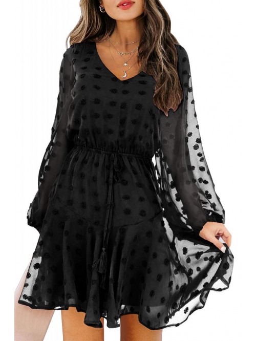 Women’s Dress Long Sleeves V Neck Flowy Mini Dre...