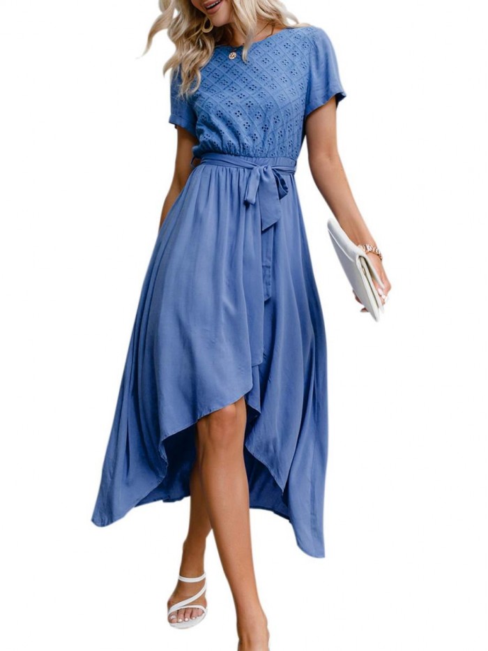 Women's Striped Linen Long Dress Elegant Ruffle Cap Sleeves Midi Dress 