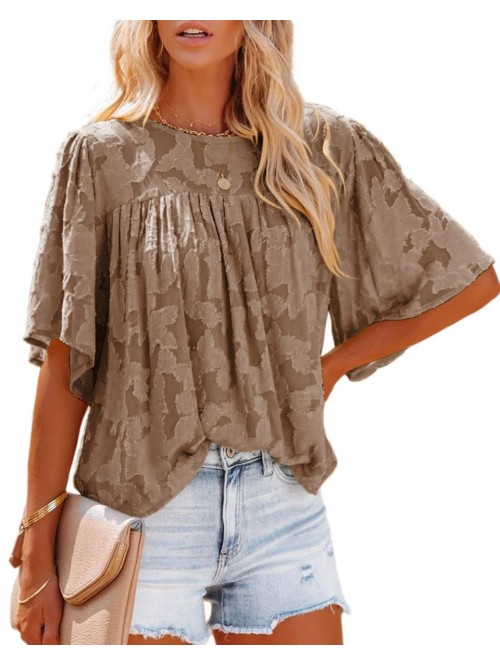 Womens 3/4 Bell Sleeve Blouse Summer Crewneck Lace...