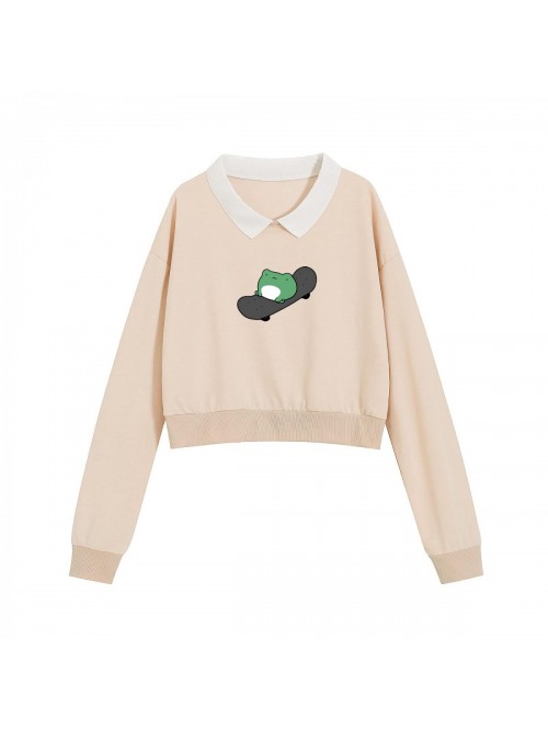 Frog Skateboarding Sweatshirt with Collar Hoodie C...