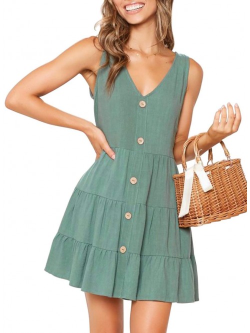 Women's Summer Sleeveless V Neck Button Down Casua...