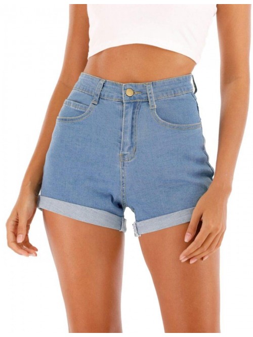 Women's Summer Casual Denim High Waisted Folded He...