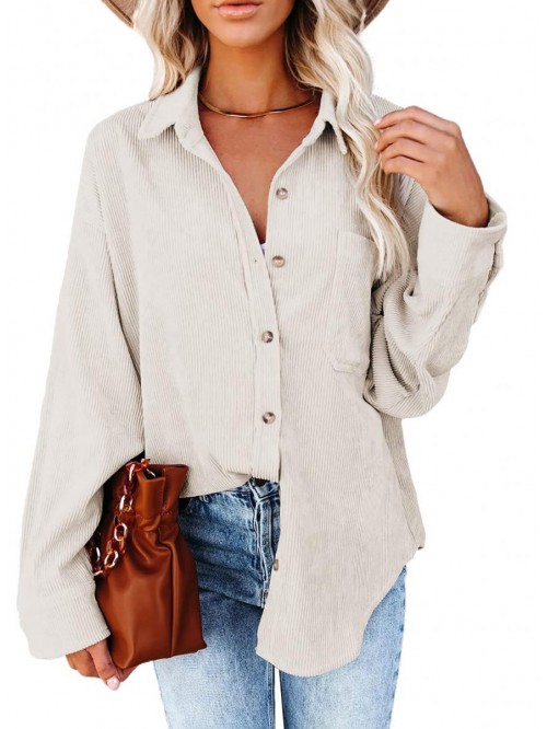 Women Corduroy Shirts Casual Long Sleeve Button Do...