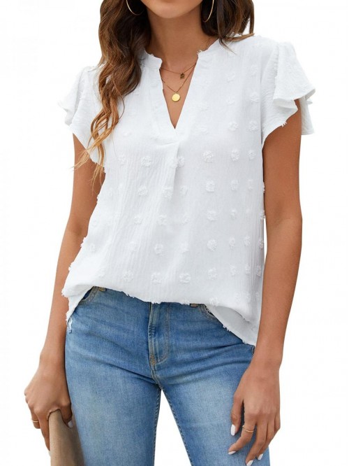 Jelly Womens White Blouse V Neck Ruffle Sleeve Flo...