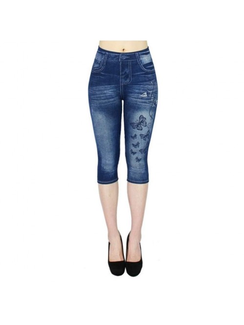 Below Knee Skinny Denim Pants Butterfly Print High...