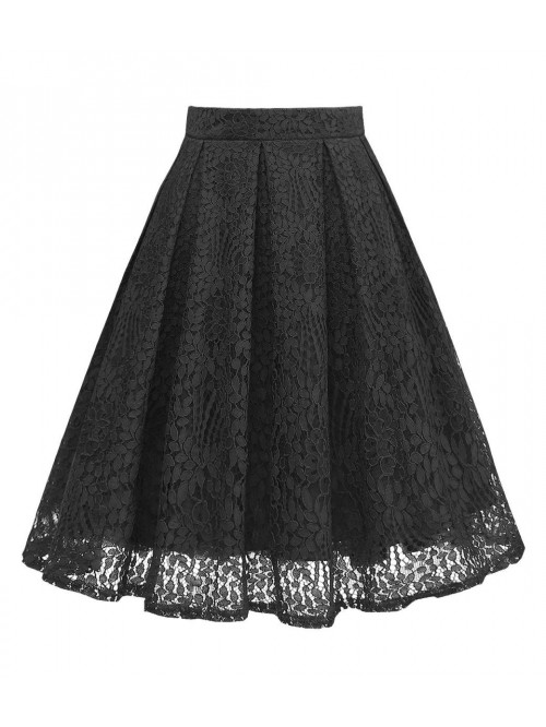 Women High Waist Pleated A-Line Knee Length Lace P...