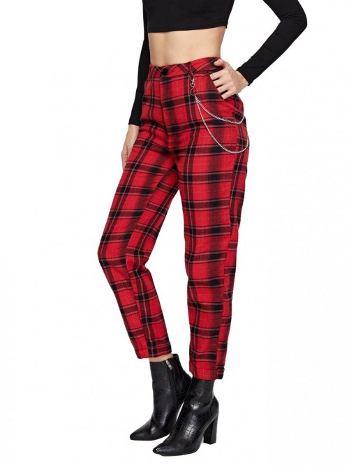 Women's Tartan Plaid Mid Waist Straight Pants 