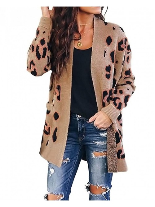 Women's Long Sleeves Open Front Leopard Print Knit...