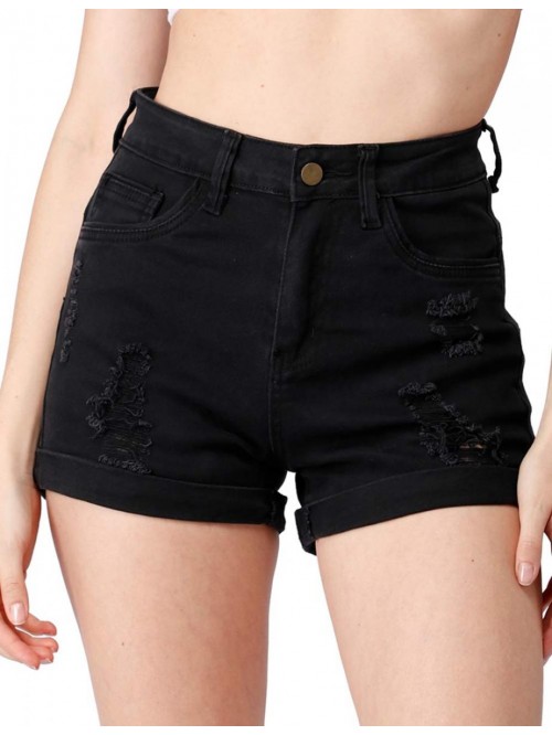 High Waisted Folded Hem Ripped Jeans Shorts Womens...