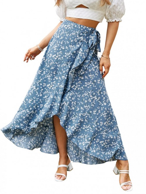 Women's Boho Floral Wrap Maxi Skirt High Waisted L...