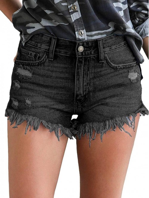 Womens Jean Shorts Mid-Rise Frayed Raw Hemline Rip...