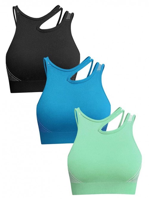 Women's 3 Piece Medium Support Crop Top Seamless R...