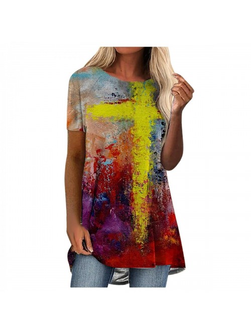 Summer Casual Short Sleeve Tunic Tops Swing Loose ...