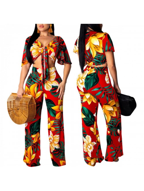 Casual 2 Pieces Sets Floral Crop Tops Wide Leg Pan...