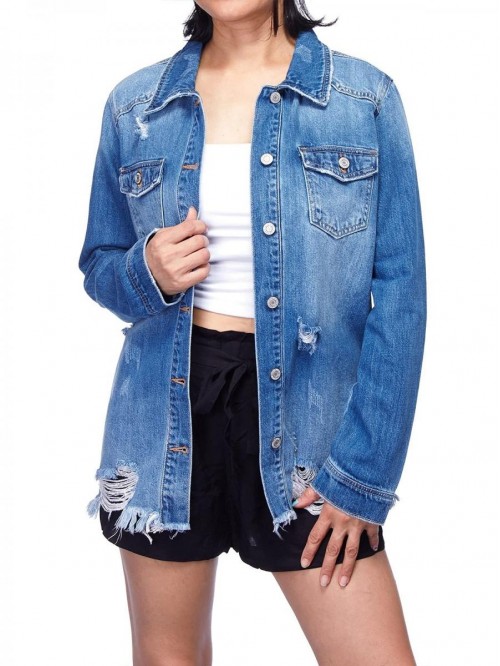 Jeans Jacket for Women Oversized Ripped Long Sleev...