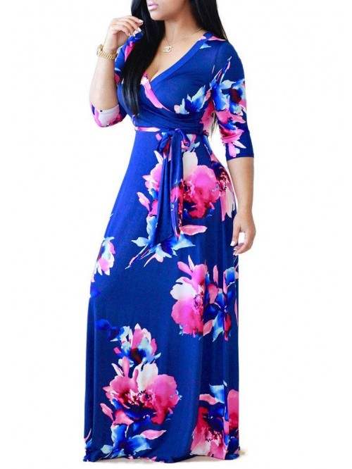 Womens Casual V-Neck Floral Print Long Maxi Flowy ...