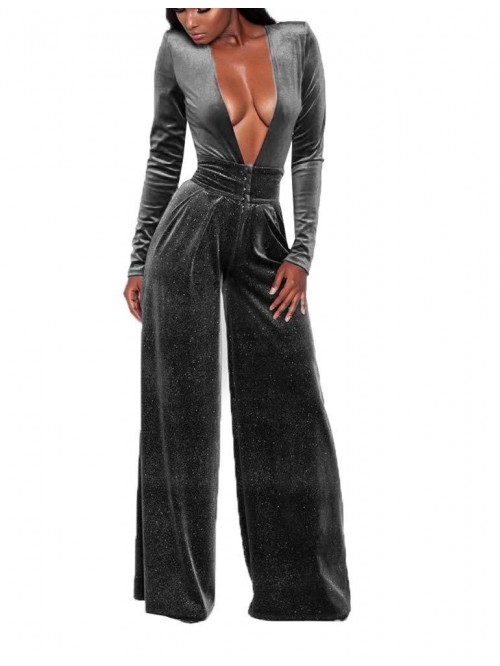 Sexy Deep V-Neck High-Waist Velvet Jumpsuits One P...