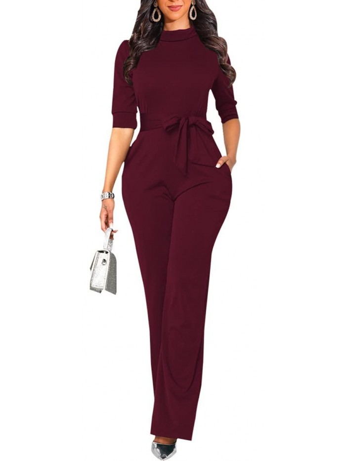 Elegant Jumpsuits Dressy Long Sleeve Straight Long Pants Rompers with Pockets 