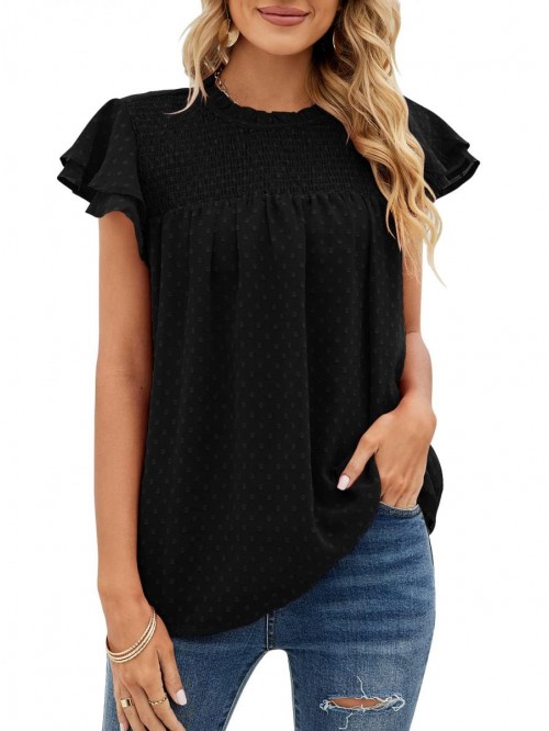 Summer Crewneck Short Ruffle Sleeve Tops Blouses S...