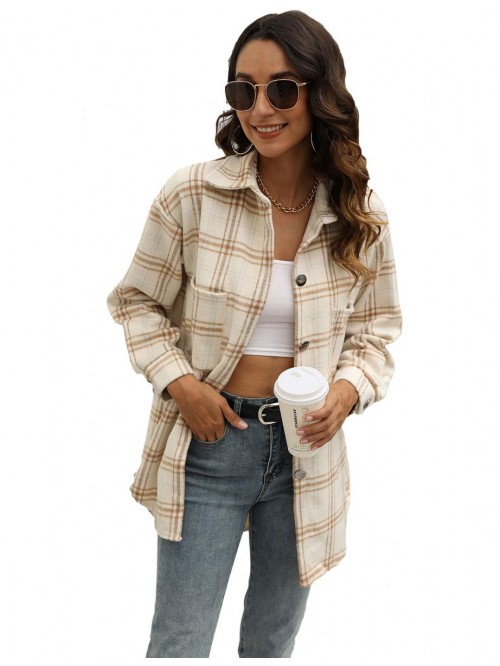 Women's Casual Loose Plaid Lapel Button Up Short B...