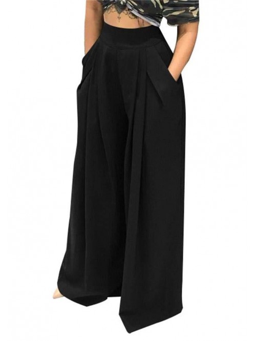 Womens Palazzo Long Pants High Waist Wide Leg Stre...